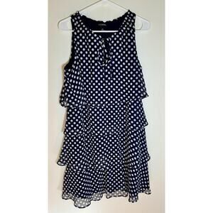 Roz & Ali Size 10 Navy Sleeveless Ruffel Blue Dress With White Polk-a-dots